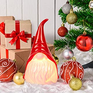 Photo 1 of 8 Inch Ceramic Gnome Statue, Gnome Christmas Decorations, Red Gnomes Figurines, Lighted Decorative Santa Clause Christmas Xmas Home Decor for Home Office
