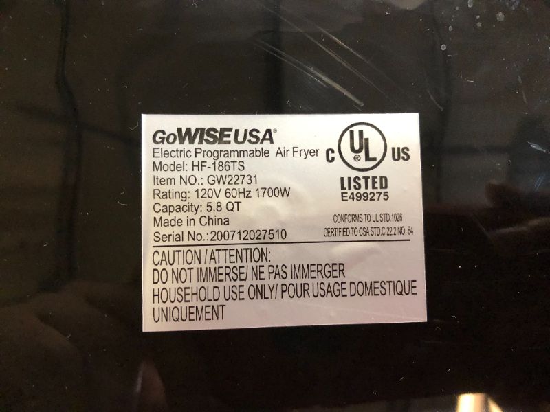 Photo 1 of GoWISE USA 1700-Watt 5.8-QT 8-in-1 Digital Air Fryer with Recipe Book, Black
