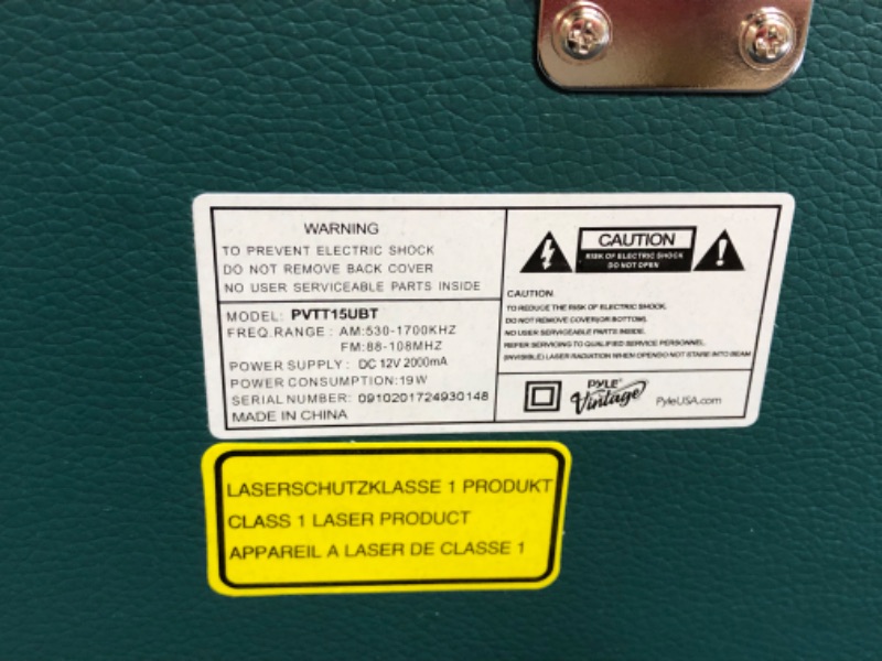 Photo 8 of PYLE PVTT15UBT - Bluetooth Vintage Classic-Style Turntable Speaker System, Vinyl-to-MP3 Recording, CD Player, AM/FM Radio, MP3/USB/SD Readers UNABLE TO TEST FOR PROPER FUNCTION DUE TO MISSING POWER CORD MINOR SCUFFS AND SCRATCHES FROM PREVIOUS USAGE 
