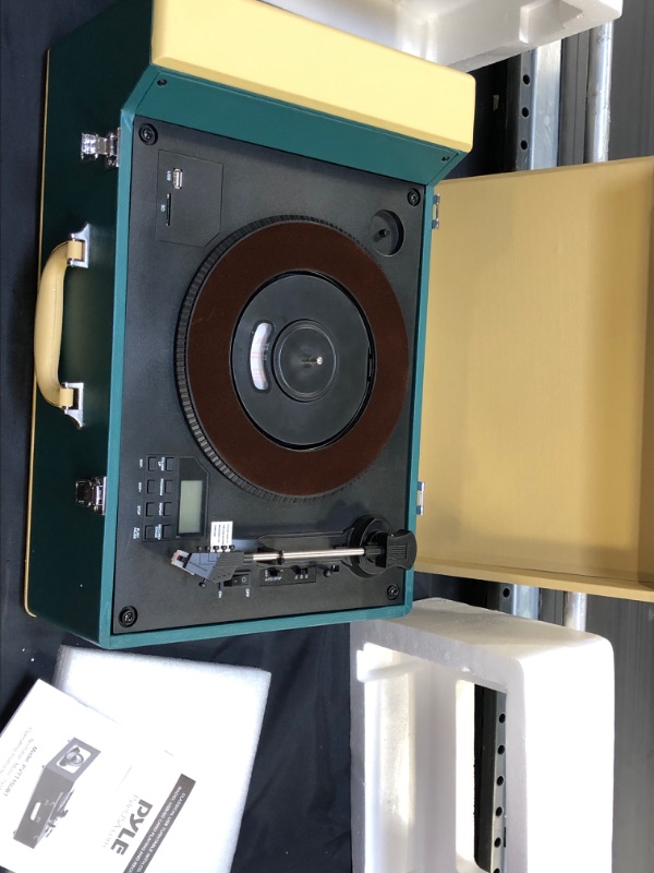 Photo 1 of PYLE PVTT15UBT - Bluetooth Vintage Classic-Style Turntable Speaker System, Vinyl-to-MP3 Recording, CD Player, AM/FM Radio, MP3/USB/SD Readers UNABLE TO TEST FOR PROPER FUNCTION DUE TO MISSING POWER CORD MINOR SCUFFS AND SCRATCHES FROM PREVIOUS USAGE 
