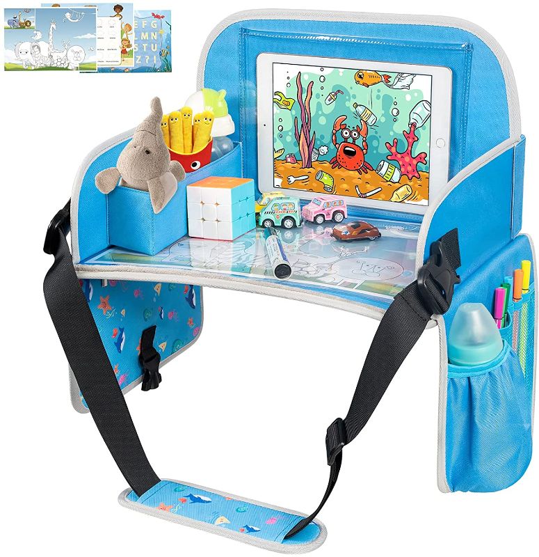 Photo 1 of Kids Travel Tray, Car Seat Trays for Kids Travel, Toddler Travel Tray with Tablet Holder, Travel Accessories for Kids with Dry Erase Board & Storage Pocket, Road Trip Essentials Kids Tray, Blue
