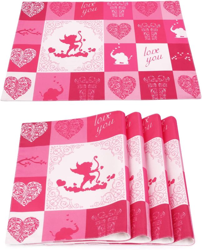 Photo 1 of 4 Pcs Mother's Day Placemats, Heat-Resistant Cupid Love Hearts Dining Mats, Non-Slip Waterproof Elephant Pink Check Table Mats for Couple Home Wedding Party Kitchen, Valentine Table Decor Gift
