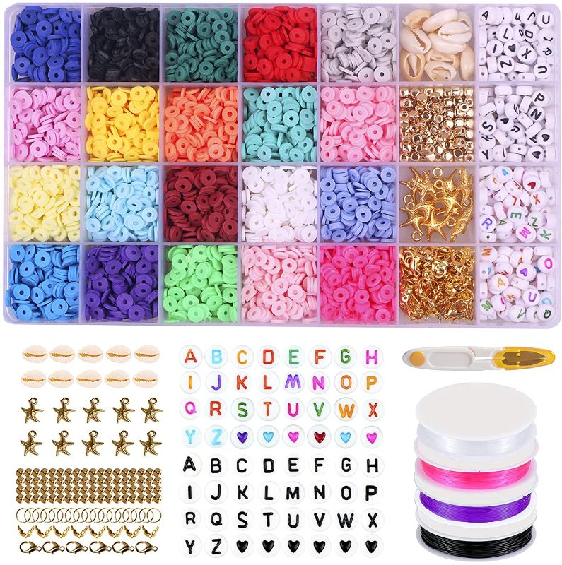 Photo 1 of Clay Beads Kits for Bracelet - 4000pcs 6mm Flat Round Polymer Clay Breads with Pendant and Jump Rings Letter Beads for Handmade Bracelets, Necklaces, Earrings, Pendants (6mm, 20 Colors Beads)
