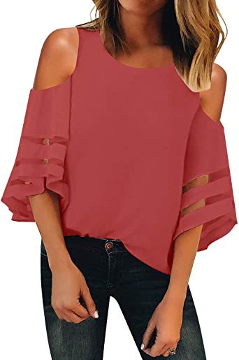 Photo 1 of LookbookStore Women's Cold Shoulder Loose Shirt Tops 3/4 Bell Mesh Sleeve Blouse SMALL