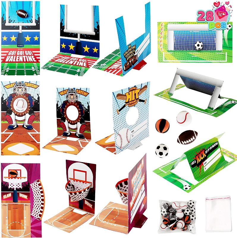 Photo 1 of JOYIN 28 pcs Fun Valentine Sports Game Card and Erasers for Kids Party Favor, Classroom Exchange Prizes, Valentine’s Greeting Cards
