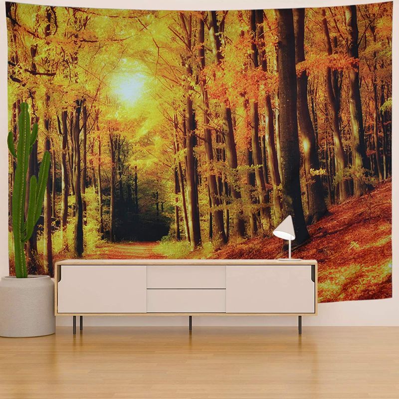 Photo 1 of AONIONER Fall Forest Tapestry Autumn Yellow Tree Leaves Tapestry Golden Sunshine Nature Landscape Wall Tapestry Red Leaf Road Tapestry Wall Hanging for Bedroom Dorm
