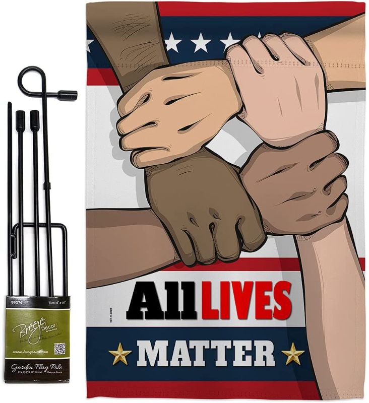 Photo 1 of All Lives Matter Garden Flag Set with Stand Support Cause BLM Anti Racism Revolution Movement Equality Social House Decoration Banner Small Yard Gift Double-Sided, 13"x 18.5", Thick Fabric
