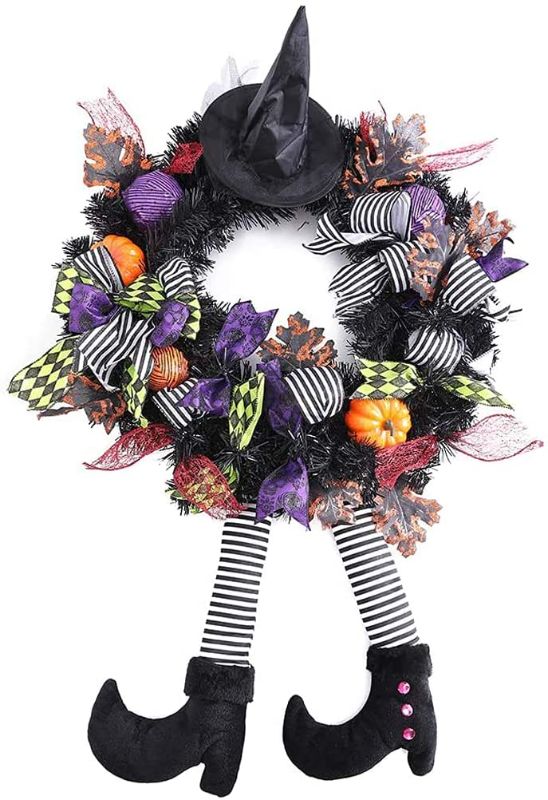 Photo 1 of 2 PK FLASH WORLD 24 Inch Witch Halloween Wreath,Hat Legs Pumpkin Door Decorations, Artificial Handmade Wreath for Front Door or Indoor Wall Décor to Celebrate Halloween
