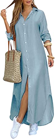 Photo 1 of women's long sleeve blouse dress denim shirt dresses button down chambray cotton tops with pockets size L 