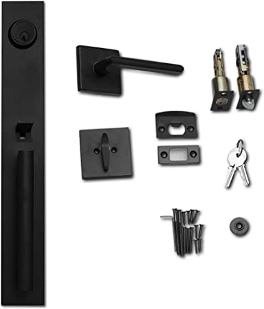Photo 1 of Berlin Modisch Full Escutcheon HandleSet Front Door Entry Handle and Deadbolt Lock Set Slim Square Single Cylinder Deadbolt and Lever Heavy Duty – Iron Black Finish
