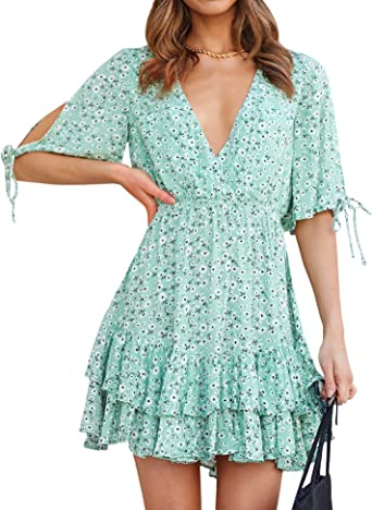 Photo 1 of AIMCOO Women's Summer Casual Floral Print Dress Short Sleeve Deep V Neck Dresses High Elastic Waist Layer Ruffle Hem Dress
2xl- adult