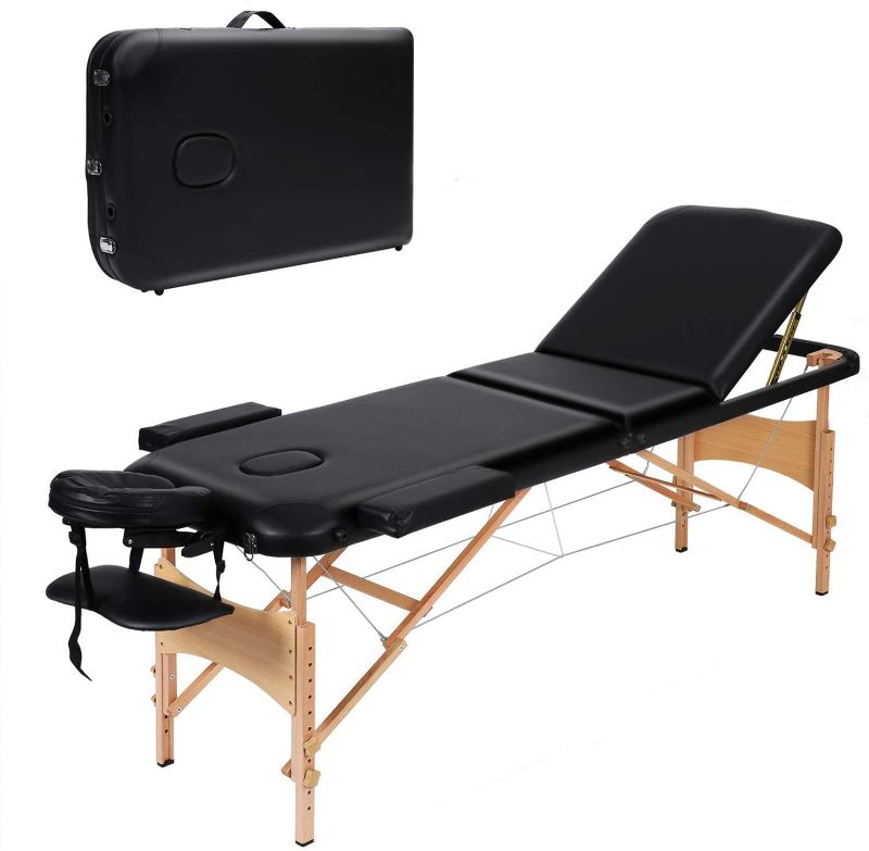 Photo 1 of  Portable Massage Table, Black Massage Table Portable Massage Bed Massage Professional SPA Salon Therapy Table 73 Inchs 3 Fold Hight Adjustable Wooden Frame

