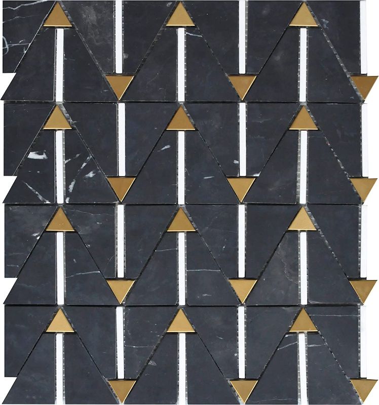 Photo 1 of Fabulous Décor: Real Marble Stone and Gold Steel Accents Wall Tiles, Builder Grade, Backsplash, Bathroom - Gray Charcoal Gold Triangle Mosaic, 14 x 12.2 inch (4 Tiles, 7mm Thick) Covers Around 4.7sf
