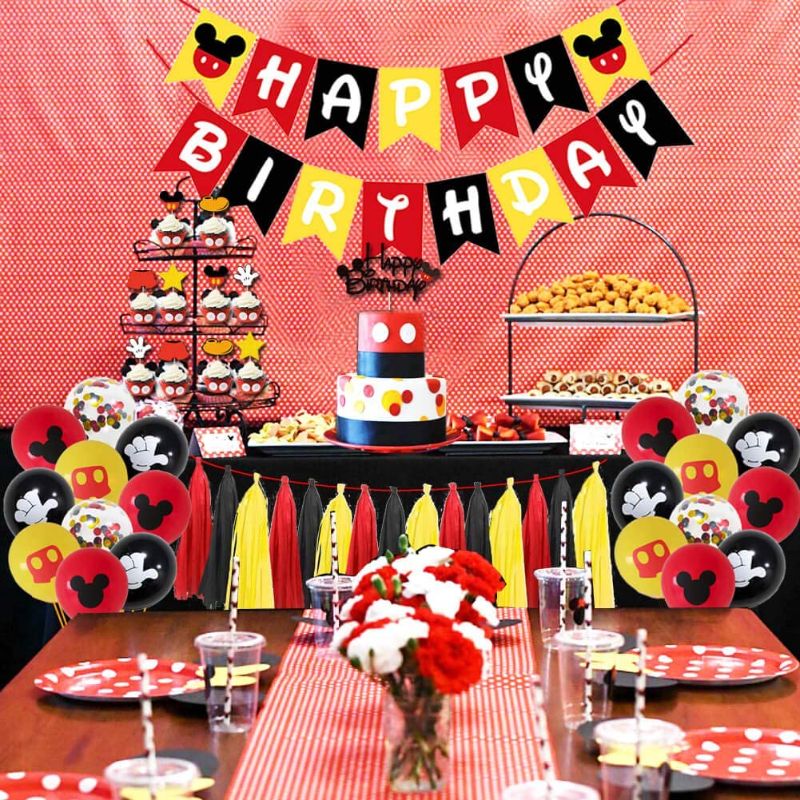 Photo 1 of 139pcs Mouse Birthday Party Supplies, Mouse Balloon Garland Arch Kit, 5x3ft Mickey Happy Birthday Backdrop Banner Cake Cupcake Topper, Black Red Yellow Balloons for Mickey Theme Birthday Baby Shower Party Decorations
