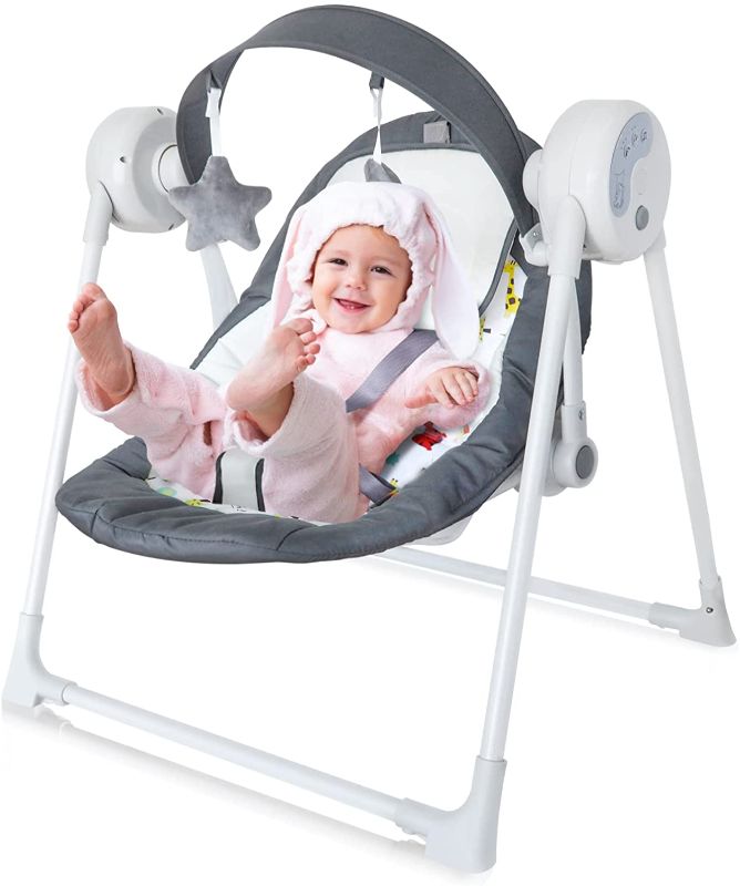 Photo 1 of Electric Baby Swing for Newborn,Baby Swings with 5 Motions,Soothing Portable Cardle with Intelligent Music Vibration Box,Baby Rocker with Timer for Infant to Toddler Aged 0-12 Months,Grey
