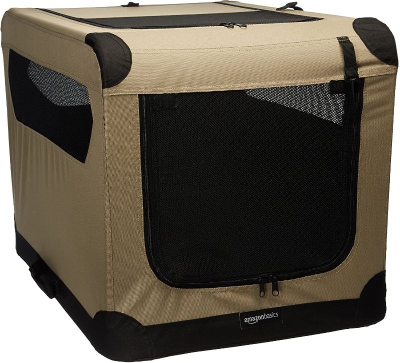 Photo 1 of Amazon Basics 3-Door Collapsible Soft-Sided Folding Soft Dog Travel Crate Kennel, Medium (21 x 21 x 30 Inches), Tan
