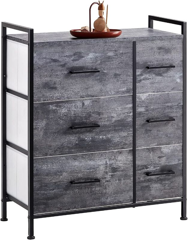 Photo 1 of 6 Drawer Dresser Wide Chest of Drawers Nightstand with Wood Top Rustic Storage Tower Storage Dresser Closet for Living Room, Bedroom, Hallway, Nursery, Kid
