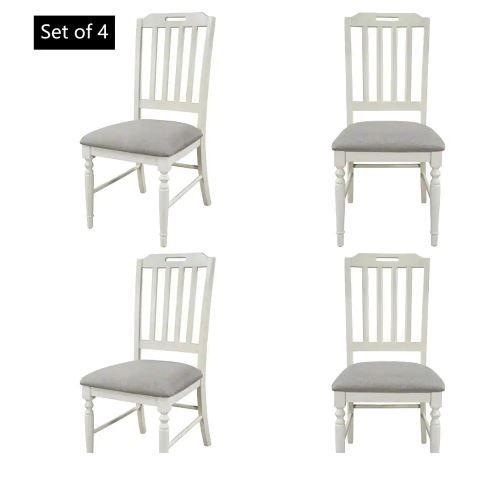 Photo 1 of 18.5 in. W 4-Piece Farmhouse White Frame Dining Chairs with High Back, Gray Fabric Padded. 4 Count, 1 Chair Is Broken and Use. Cracked Wood and Striped Screws on 1 Chair. Other Chairs sealed and Fine.
