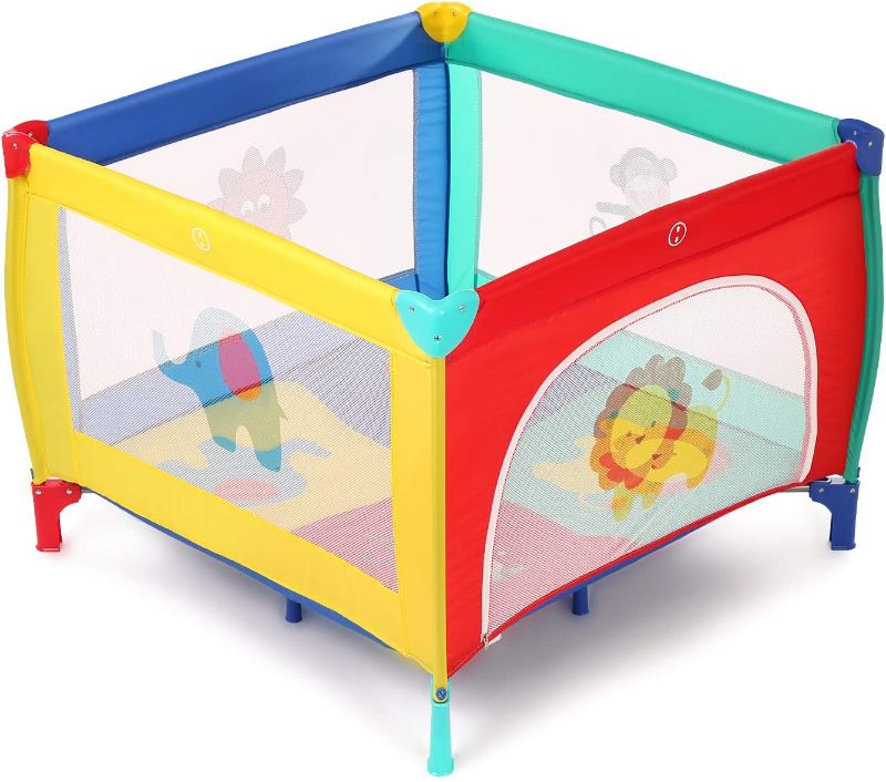 Photo 1 of Baby Play Portable Playard Play Pen with Mattress Safety Baby Playard with Door Activity Center for Toddler Boys Girls Fun Time Indoor and Outdoor 39inch x 39inch ?Colorful?. box Packaging Damaged, Item is Moderate Use, Scratches and Scuffs on Plastic