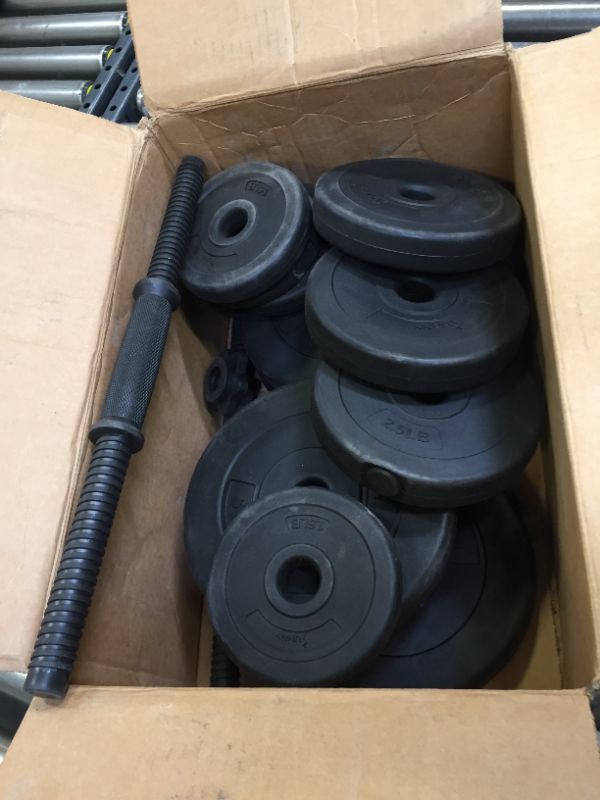 Photo 2 of Sunny Health and Fitness Exercise Vinyl 40 Lb Dumbbell Set Hand Weights for Strength Training. Missing Dumbbells Screws, only 1. Item is Dirty From Previous Use, Moderate Use, box packaging Damaged