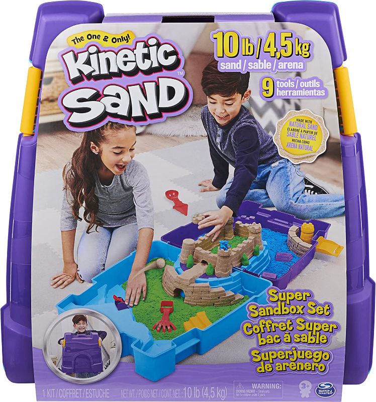 Photo 1 of Kinetic Sand, Super Sandbox Set with 10lbs of Kinetic Sand, Portable Sandbox w/ 10 Molds and Tools, Play Sand Sensory Toys for Kids Aged 3 and Up
