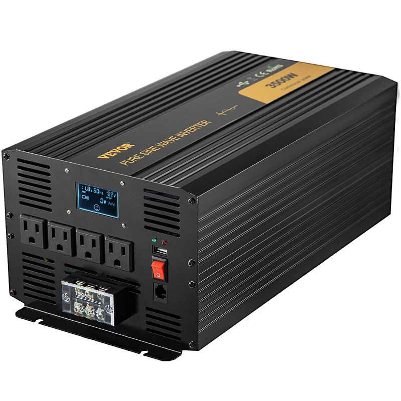 Photo 1 of VEVOR Pure Sine Wave Inverter 3500 Watt Power Inverter, DC 12V to AC 120V Car Inverter, with USB Port LCD Display Remote Controller and AC Outlets (GFCI), for RV Truck Car Solar System Travel Camping
