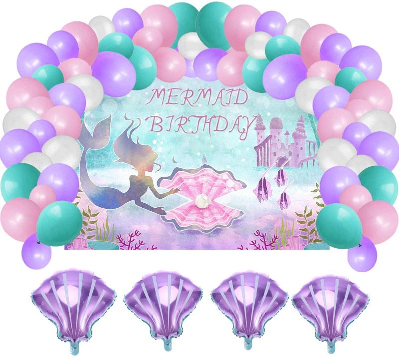 Photo 1 of Amzparty Mermaid Birthday Party Supplies Decorations, Backdrop with 80pcs Balloons Kit, Photo Background for Kids Under The Sea Party, Gift For Girls
