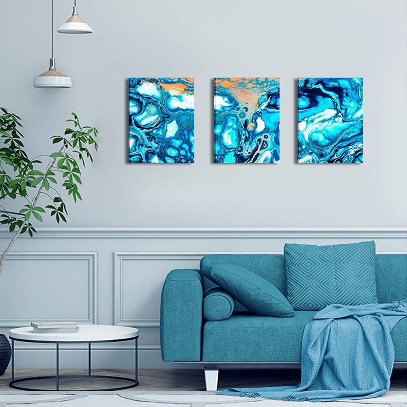 Photo 2 of Canvas Wall Art For Kitchen Family Wall Decor For Bedroom Bathroom Canvas Prints Artwork Blue Abstract Prints Wall Paintings 12" X16" 3 Pieces Framed Wall Pictures Modern Living Room Home Decorations
