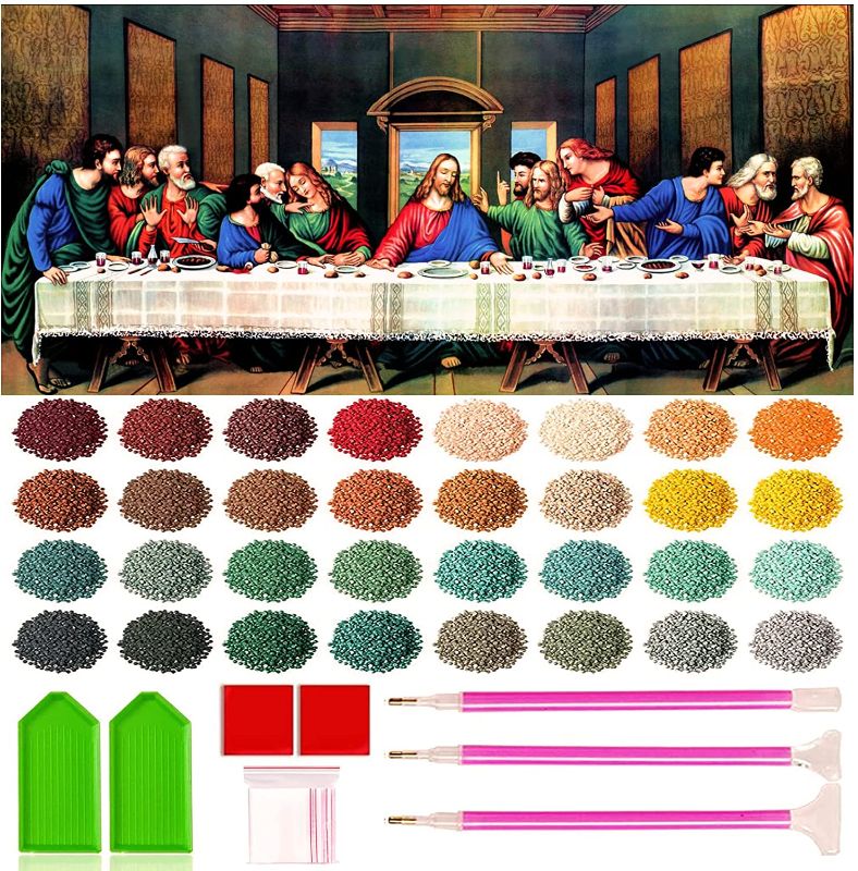 Photo 3 of Diamond Painting Kits for Adults & Kids 32x16in 5D The Last Supper DIY Full Drill Round Diamonds Crystal Canvas Diamond Arts Craft Painting by Numbers for Home Wall Decor (32 Colors)
