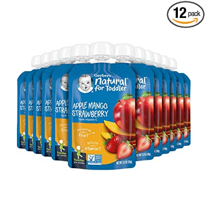 Photo 1 of Gerber Baby Food Pouches, Toddler 12+ Months, Apple Mango Strawberry, 3.5 Ounce (Pack of 18) EXP JUN 30 2022
