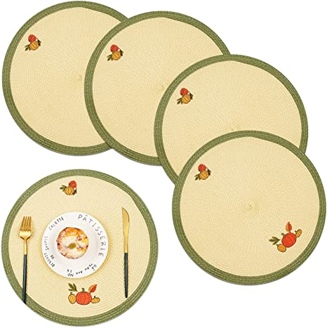 Photo 1 of wartleves Fall Placemats Set of 4 Embroidered Pumpkin Placemats for Dining Table Round Placemats for Fall Autumn Thanksgiving Decorations 15 inch
