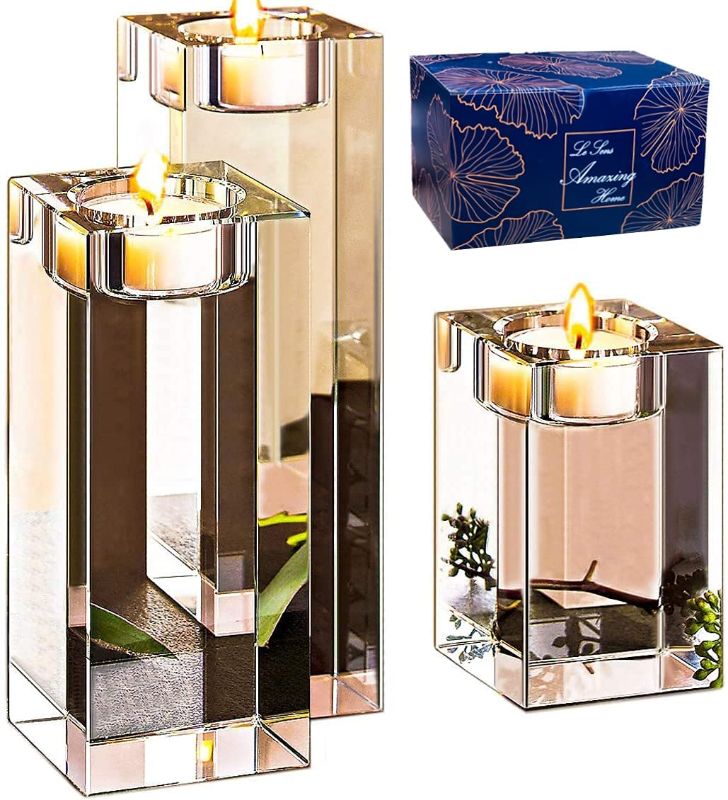 Photo 1 of Le Sens Amazing Home Large Crystal Candle Holders Set of 3, 3.1/4.7/6.2 inches Height, Heavy Solid Square Tealight Holders Set Centerpieces for Home Decoration, Wedding
