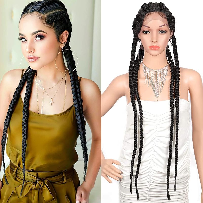 Photo 1 of Brinbea 35" Lace Front Braided Wigs for Black Women 360 Dutch Cornrow Braided Wigs with Baby Hair Large Box Braided Wig for Women