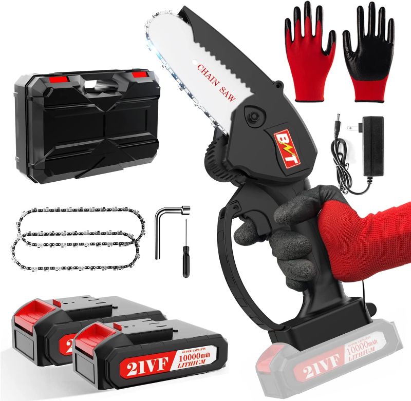 Photo 1 of 2022 Mini Chainsaw, 4" Mini Cordless Chainsaw Kit with 20000mAh Rechargeable Battery, 2 Chain and Gloves, Portable One-Handed Handheld Chainsaw, Electric Chainsaw for Cutting, Pruning and Gardening
USED, DIRTY