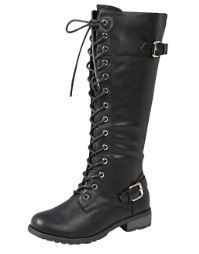 Photo 1 of size 6 - Forever Link Women's Strappy Lace-Up Knee High Combat Stacked Heel Boot