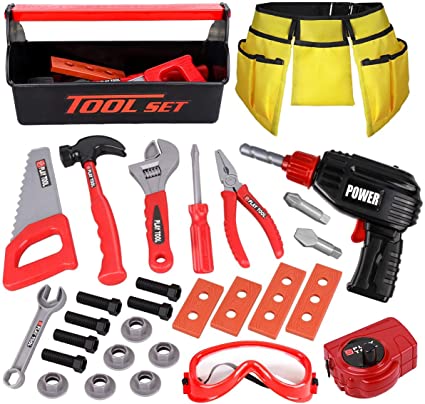 Photo 1 of LOYO Kids Tool Set - Pretend Play Construction Toy with Tool Box Kids Tool Belt Electronic Toy Drill Construction Accessories Gift for Toddlers Boys Ages 3 , 4, 5, 6, 7 Years Old (red)