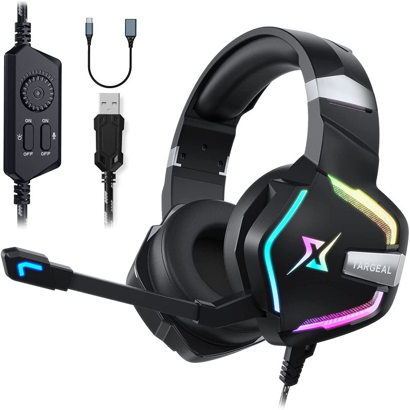 Photo 1 of Targeal 7.1 Surround Sound PC Gaming Headset for PS5 PS4 Switch Laptop Mac Tablet Mobile, Over Ear Wired USB Gaming Headphone with Omni-Directional Noise Canceling Mic, RGB LED, with Type C Cable