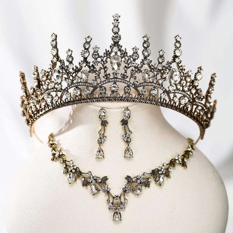 Photo 1 of SWEETV Tiaras and Crowns for Women, Gold Tiara Earrings Necklace, 3-pack Bridal Jewelry Set, Crystal Costume Jewelry for Party Halloween Prom Pageant