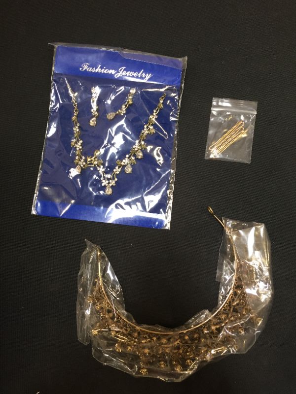 Photo 1 of SWEETV Tiaras and Crowns for Women, Gold Tiara Earrings Necklace, 3-pack Bridal Jewelry Set, Crystal Costume Jewelry for Party Halloween Prom Pageant