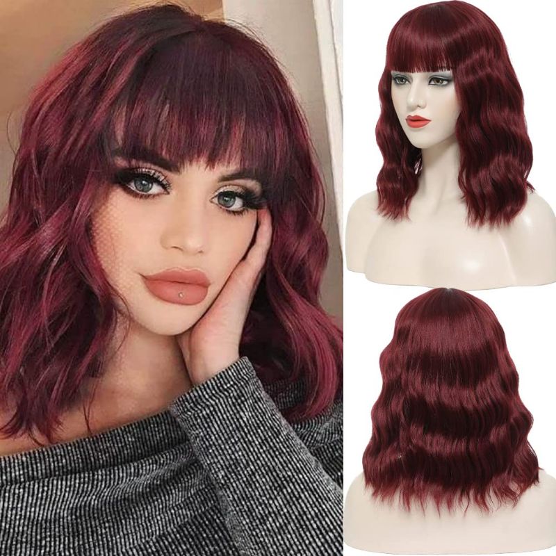 Photo 1 of Wine Red Curly Bob Wigs for Women, Burgundy Wavy Short Wig with Bangs for Girl Natural Looking Wavy Wigs For Daily Party Cosplay