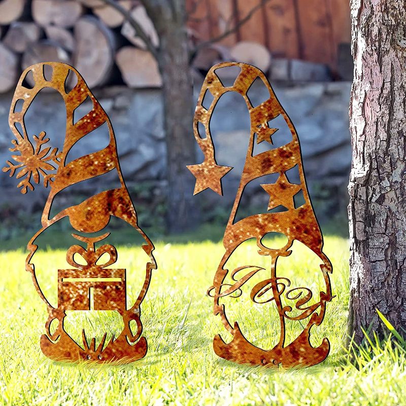 Photo 1 of 2 Pieces Christmas Steel Silhouette Garden Stake Hollowed Out Garden Gnome Believe Joy Snowflake Steel Gnome Yard Sign Rusty Patina Gnome Statue Dwarf for Indoor Outdoor Garden Decoration (Fresh)