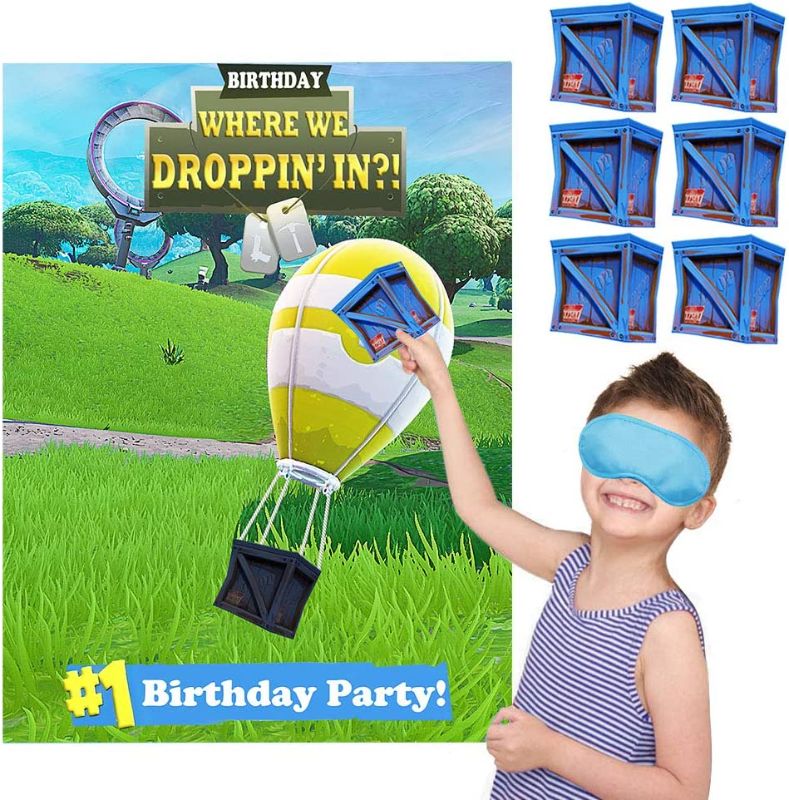 Photo 1 of TOYOYO Video Game Party Pin Games for Birthday Party, Video Game Party Supplies Decorations for boys Include a Large party poster and 24 Supply Drop Box Stickers
