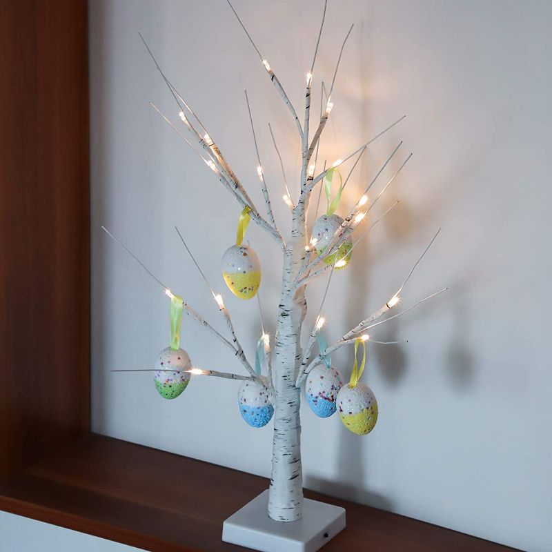 Photo 1 of 2FT 24LED White Birch Tree Light with 6 Easter Eggs, SILVERSTRO Easter Centerpiece Ornament Display Tree, Battery-Powered Faux Table Top Bonsai Tree Decoration for Party Home Wedding Christmas Decor
