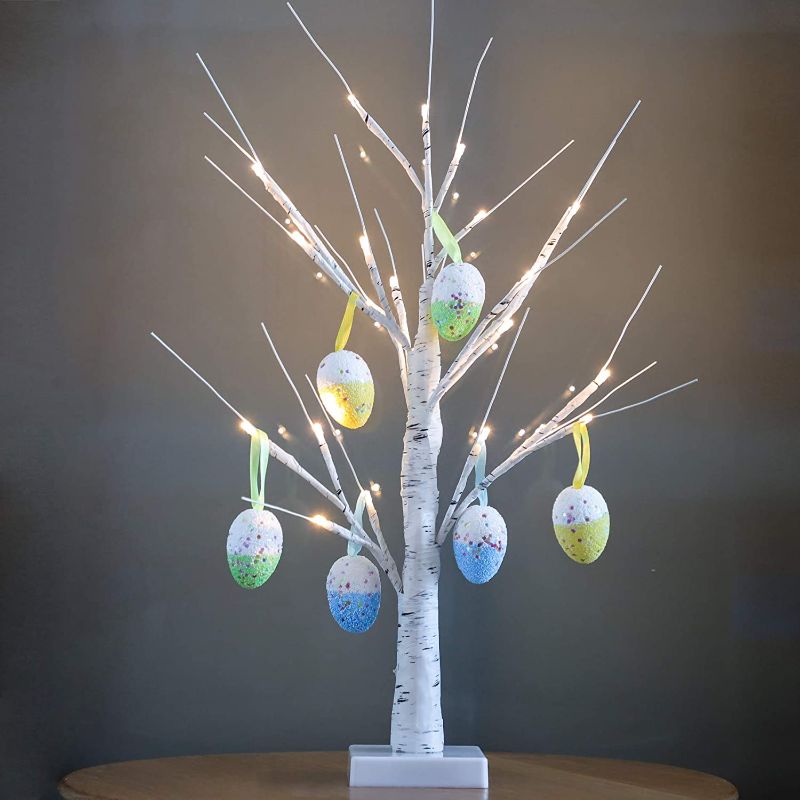Photo 1 of 2FT 24LED White Birch Tree Light with 6 Easter Eggs, SILVERSTRO Easter Centerpiece Ornament Display Tree, Battery-Powered Faux Table Top Bonsai Tree Decoration for Party Home Wedding Christmas Decor
