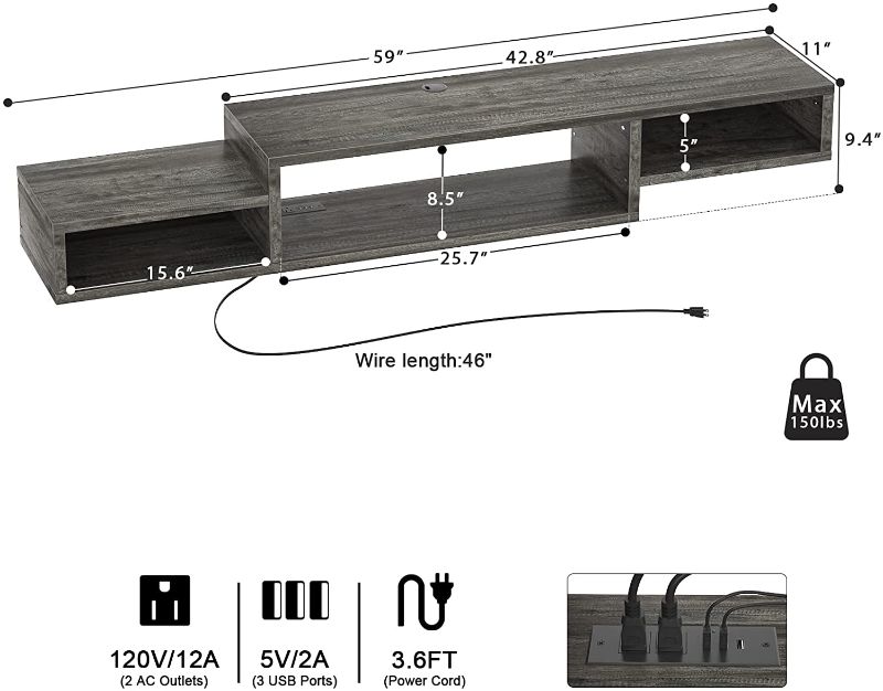 Photo 1 of Aheaplus Floating Wall Mounted Entertainment Center with Power Outlet 59" Retro TV Stands Component Shelf, TV Media Console Shelf with Storage for 43 / 50 / 55/ 60 inches TV, Under TV Shelf, Black Oak
