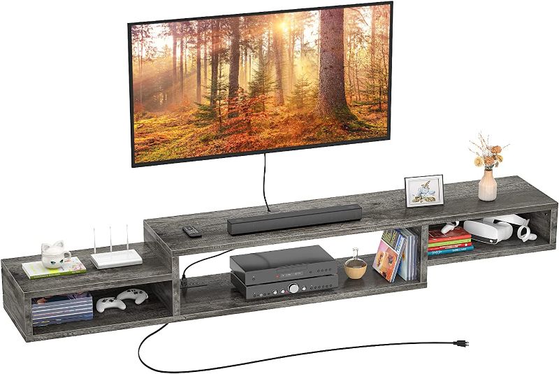 Photo 2 of Aheaplus Floating Wall Mounted Entertainment Center with Power Outlet 59" Retro TV Stands Component Shelf, TV Media Console Shelf with Storage for 43 / 50 / 55/ 60 inches TV, Under TV Shelf, Black Oak
