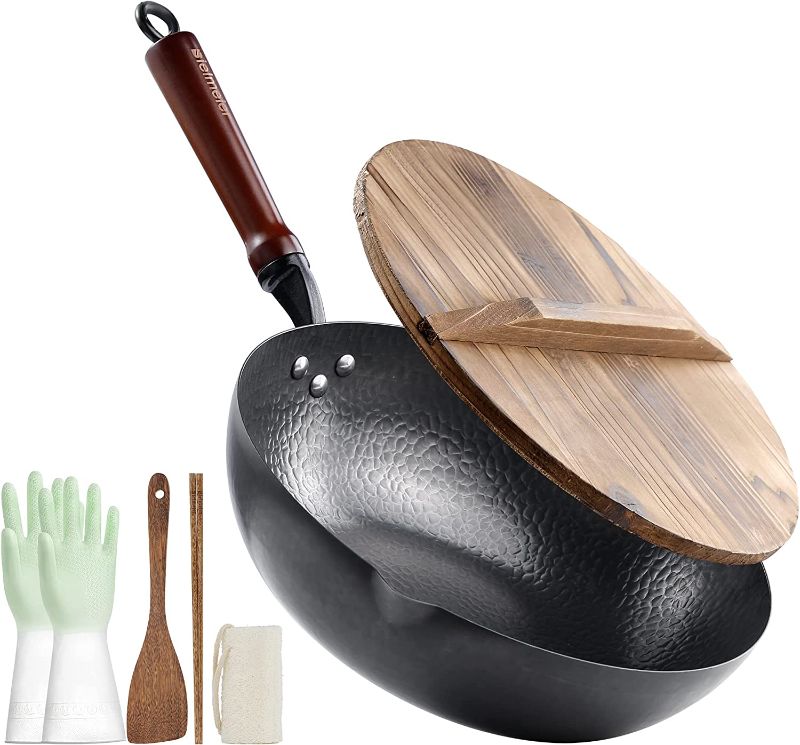 Photo 1 of Bielmeier Wok Pan 12.5", Woks and Stir Fry Pans with lid, Carbon Steel Wok with Gloves & Cookware Accessories, Wok with Lid Suits for all Stoves(Flat Bottom Wok?