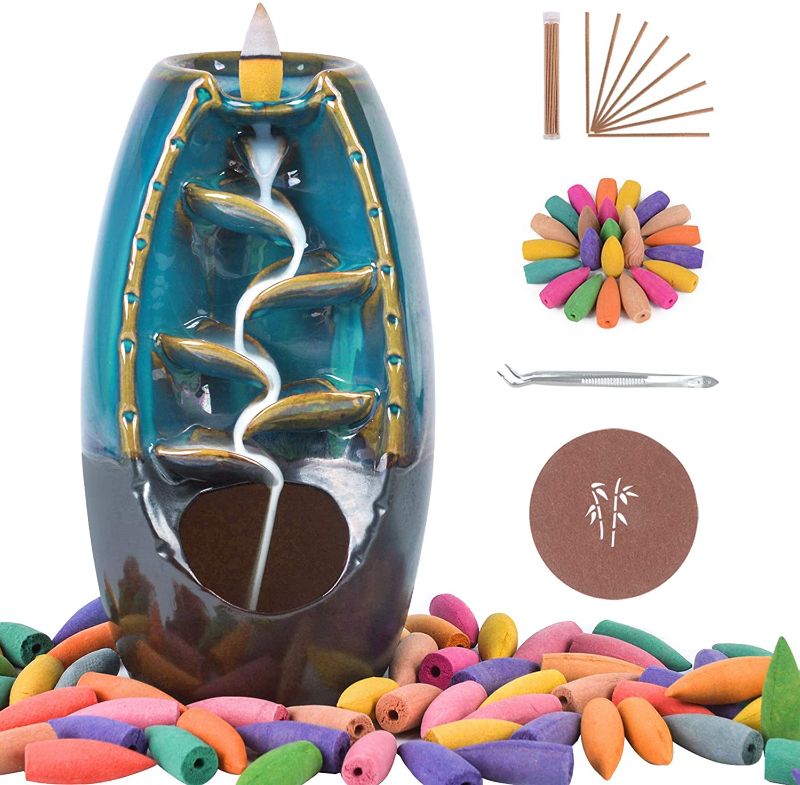 Photo 1 of  Backflow Incense Burner Ceramic Waterfall Incense Holder with 120 Backflow Incense Cones + 30 Incense Sticks + 1 Tweezer, Aromatherapy Ornamental for Home Office Yoga, Blue