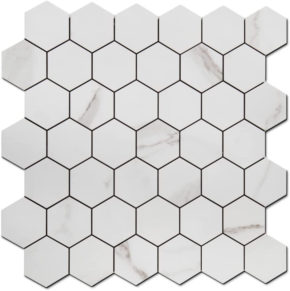 Photo 1 of Adedeo Peel and Stick Metal Backsplash Tile Self-Adhesive Aluminum Surface Hexagon Mosaic Tile White Marble Grain for Kitchen Backsplash Bathroom Wall (5 Sheets)
