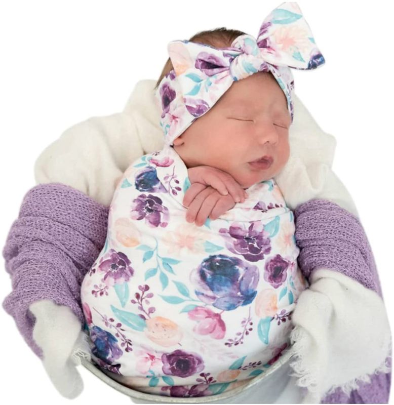 Photo 1 of Newborn Floral Print Blanket Baby Stretch Wrap Swaddle set 
